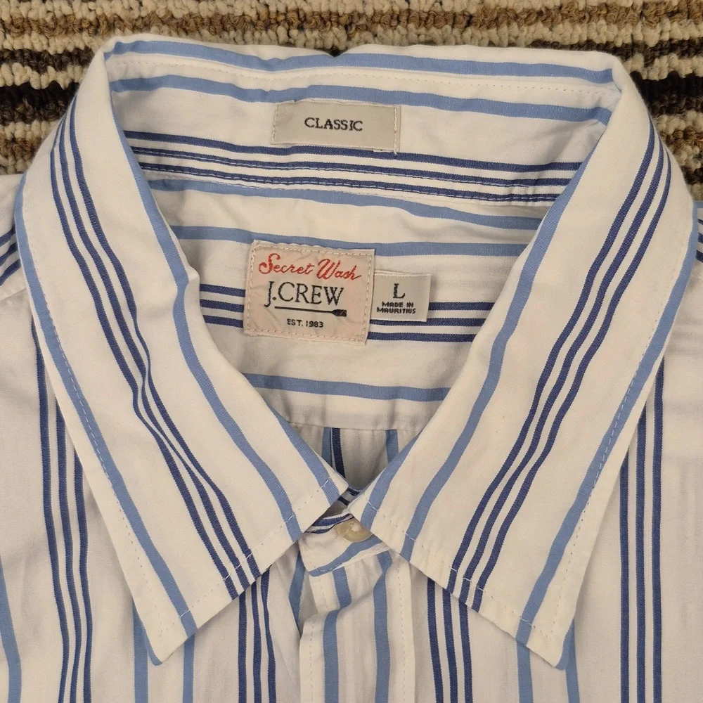 J CREW Secret Wash White Blue Striped Cotton Mens Large Short Sleeve Shirt NEW - Picture 2 of 9